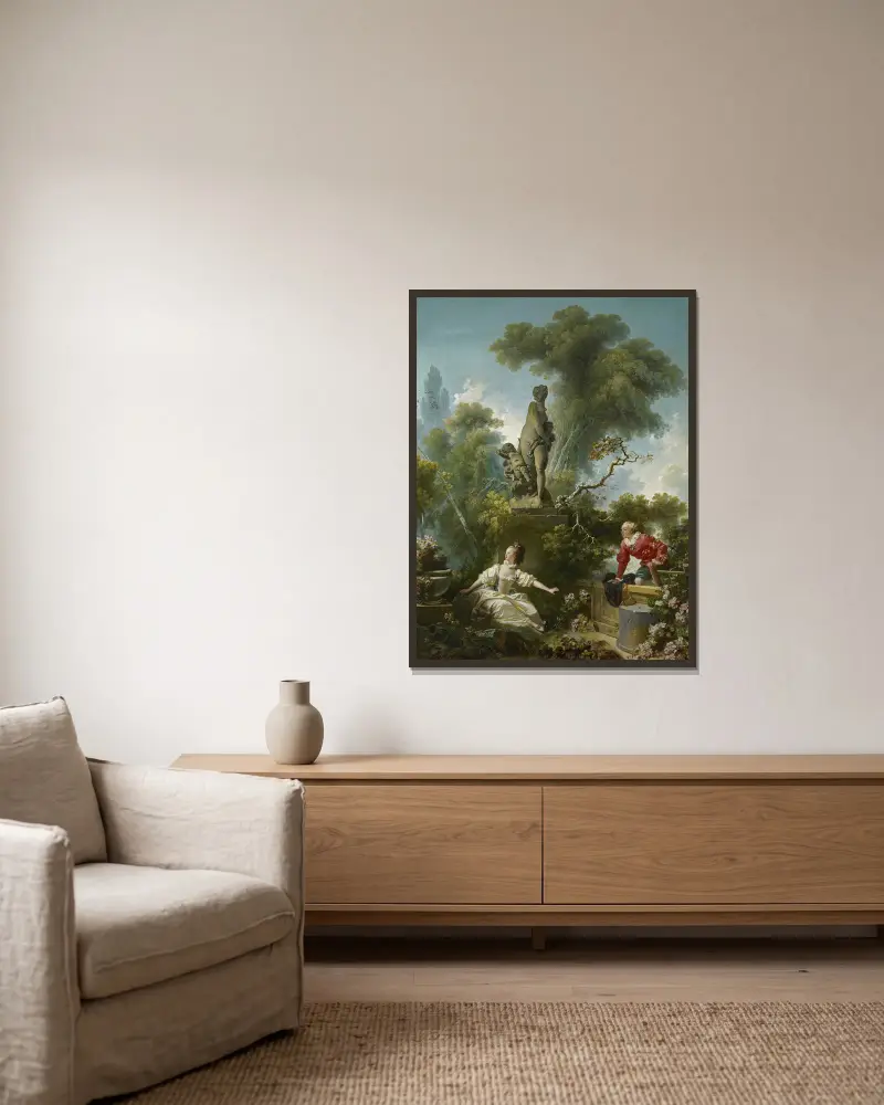 Kärlekens gång: Mötet av Jean-Honoré Fragonard inramad på en vägg