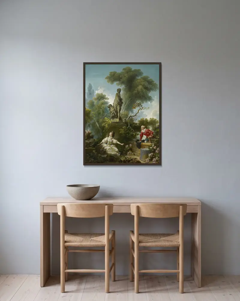 Kärlekens gång: Mötet av Jean-Honoré Fragonard inramad på en vägg