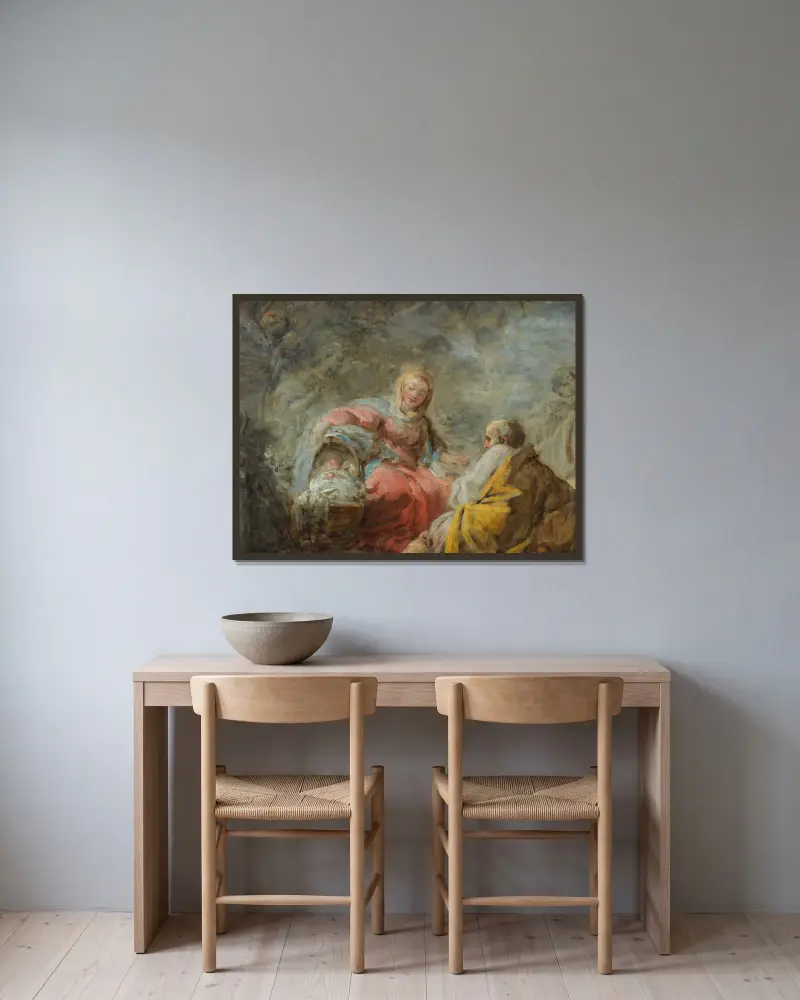 Die Ruhe auf der Flucht nach Ägypten – Nr. 1 von Jean-Honoré Fragonard gerahmt an einer Wand