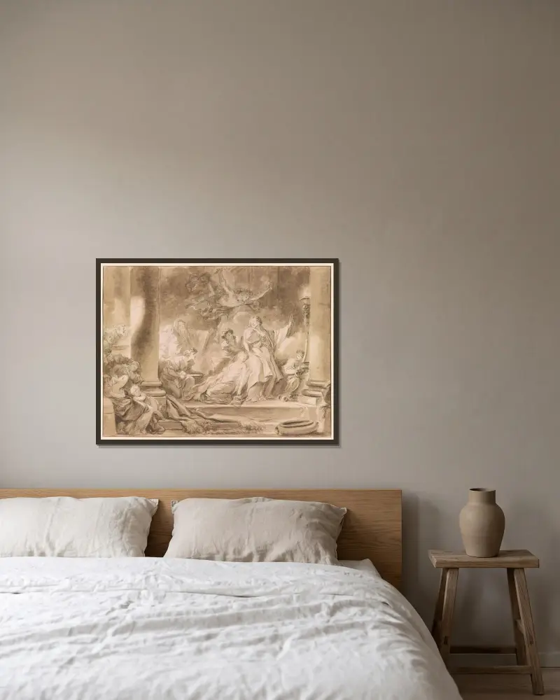 Koresos offer av Jean-Honoré Fragonard inramad på en vägg