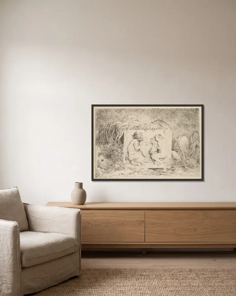 Satyrfamiljen av Jean-Honoré Fragonard inramad på en vägg