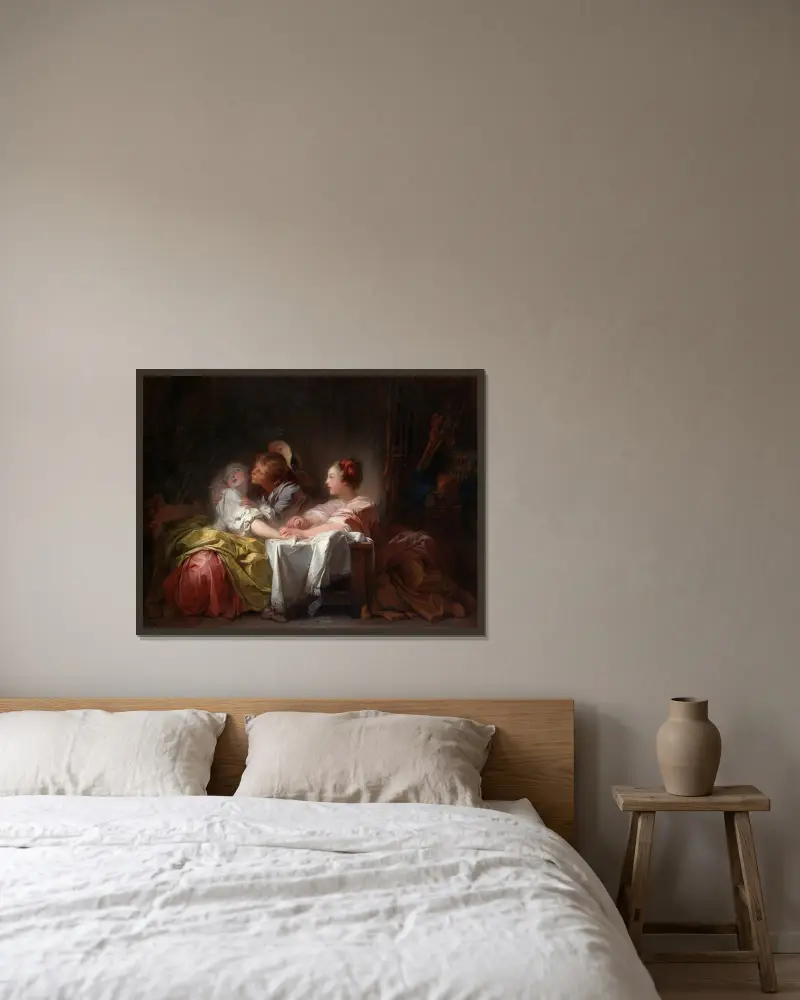 Der gestohlene Kuss von Jean-Honoré Fragonard gerahmt an einer Wand