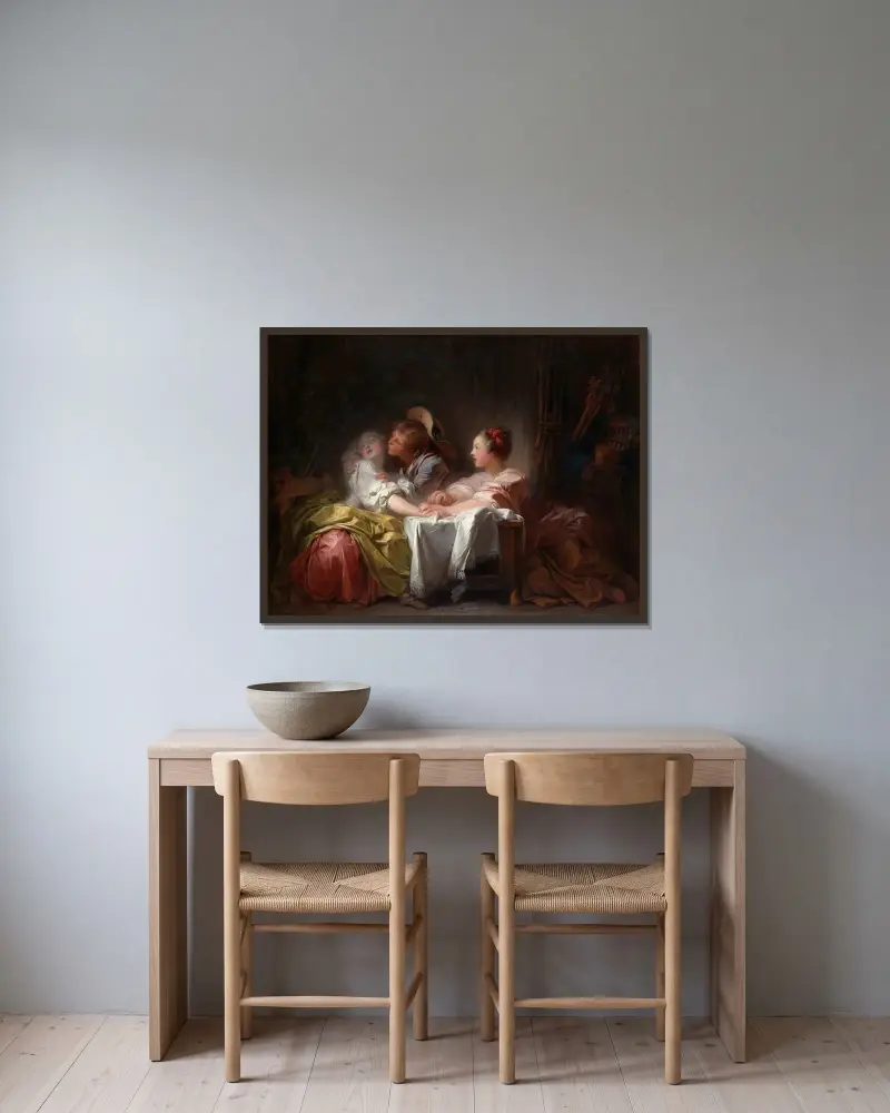 Der gestohlene Kuss von Jean-Honoré Fragonard gerahmt an einer Wand