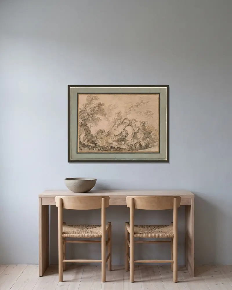Den plötsliga vindilen av Jean-Honoré Fragonard inramad på en vägg