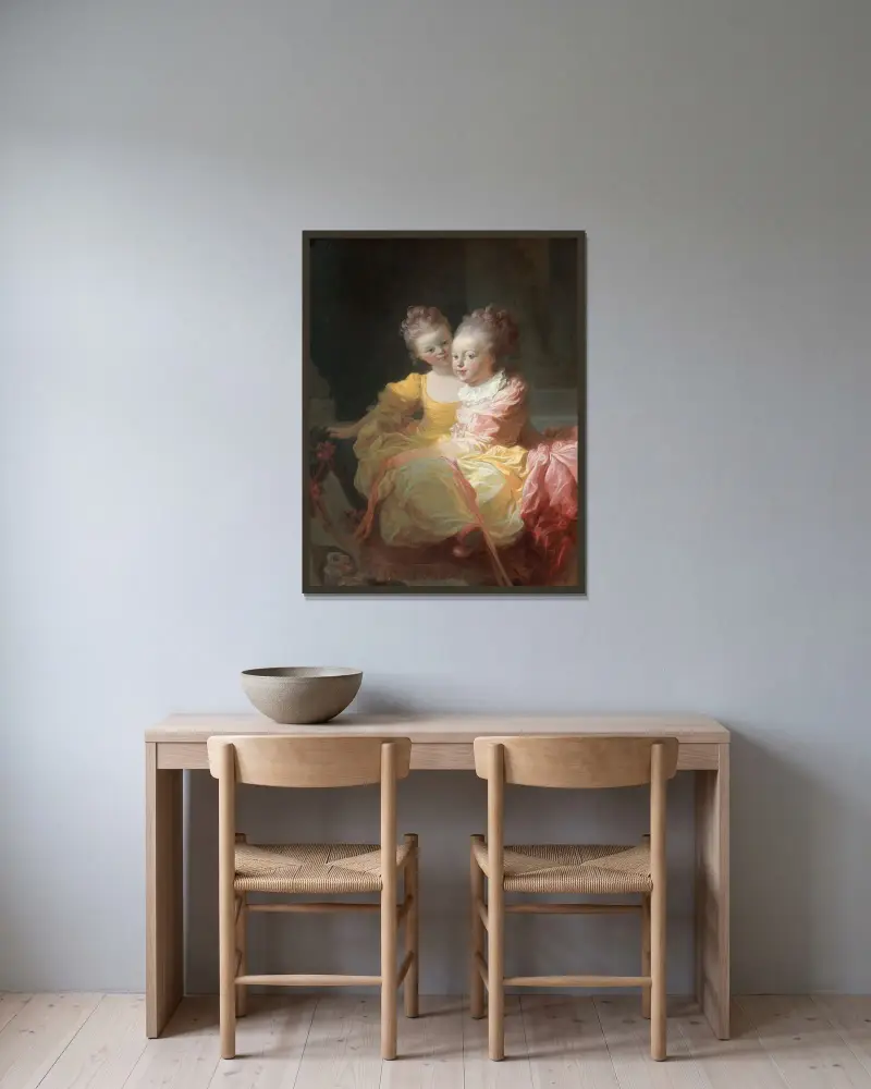 The Two Sisters av Jean-Honoré Fragonard inramad på en vägg