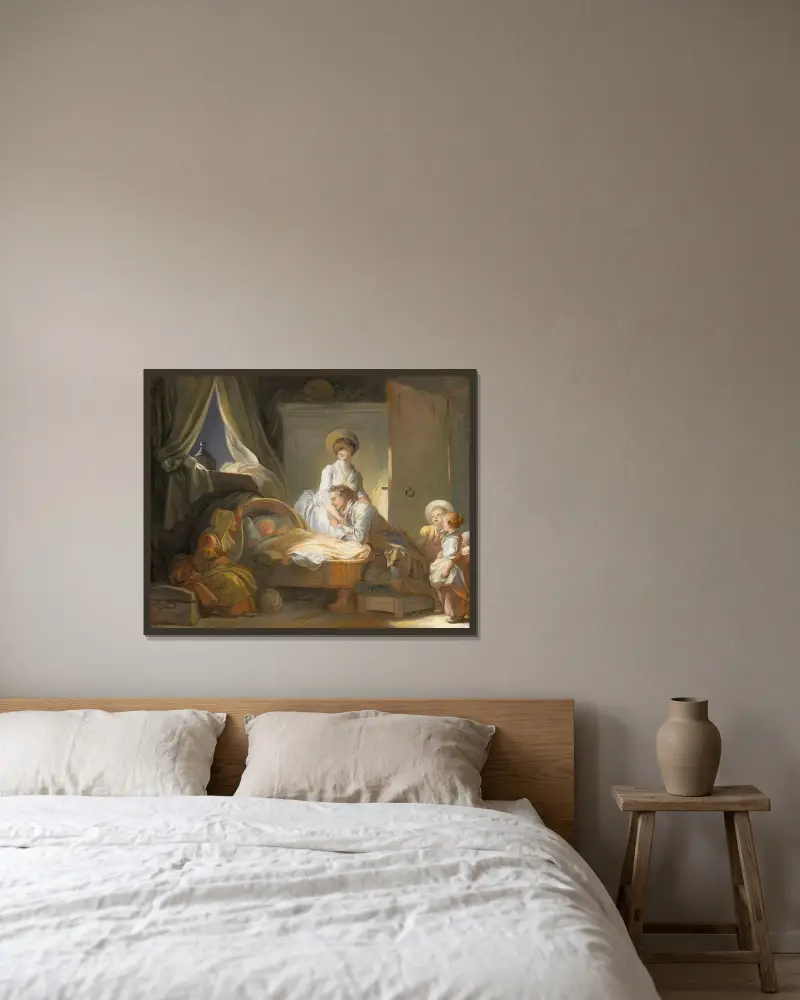 Besöket i barnkammaren av Jean-Honoré Fragonard inramad på en vägg