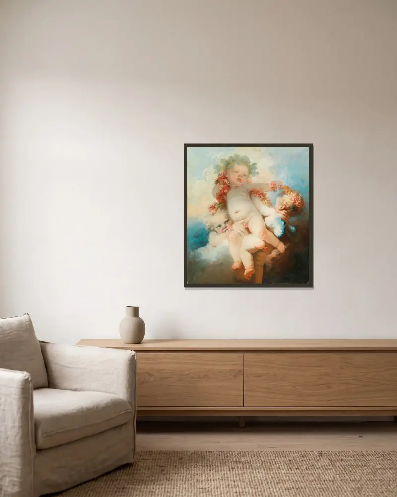 Drei Putten mit Blumen bekränzt von Jean-Honoré Fragonard gerahmt an einer Wand