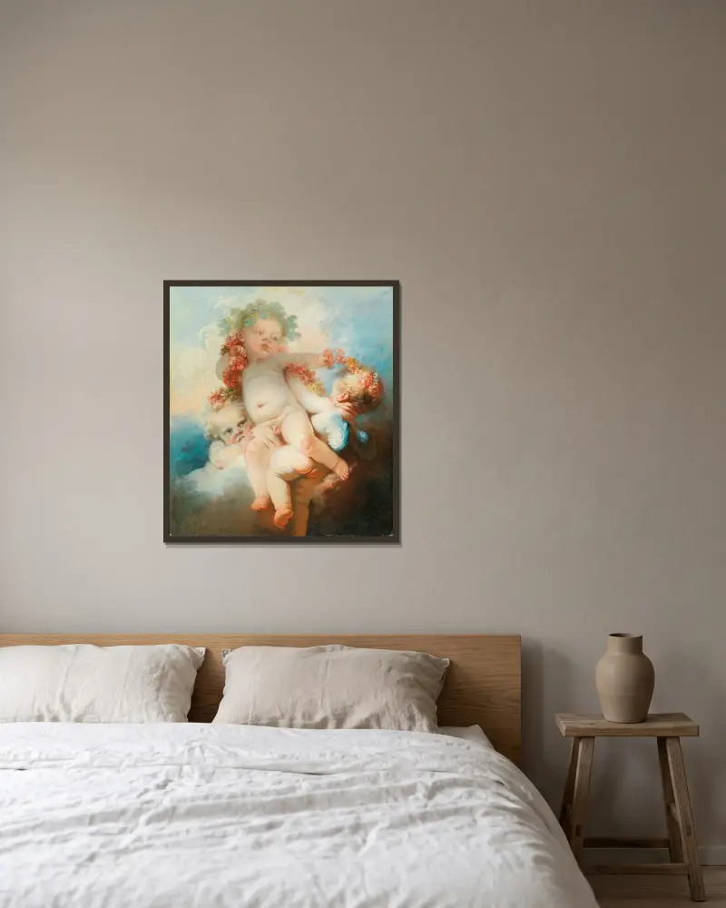 Drei Putten mit Blumen bekränzt von Jean-Honoré Fragonard gerahmt an einer Wand