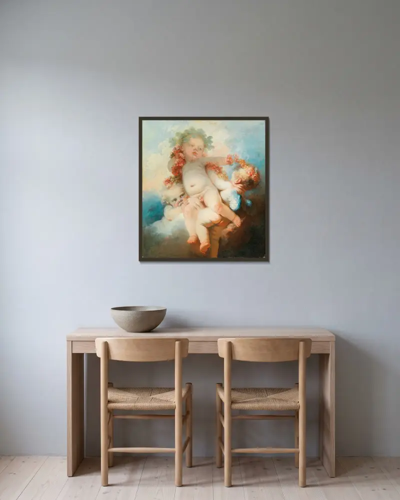 Drei Putten mit Blumen bekränzt von Jean-Honoré Fragonard gerahmt an einer Wand