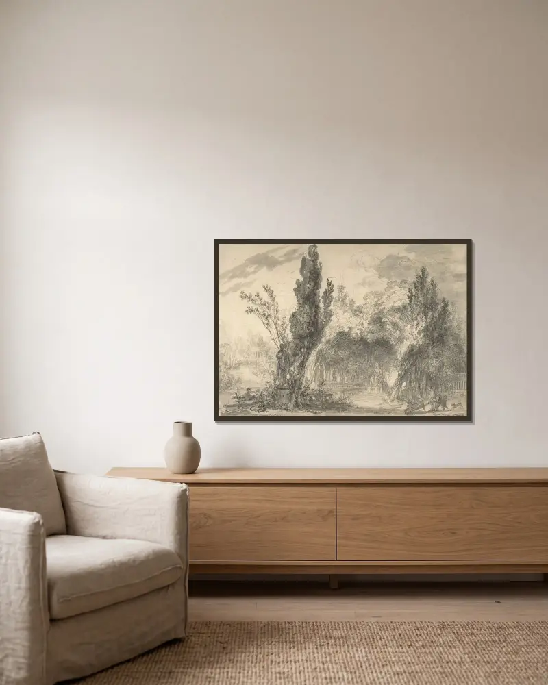 Vy över en park av Jean-Honoré Fragonard inramad på en vägg