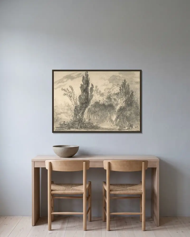 Vy över en park av Jean-Honoré Fragonard inramad på en vägg
