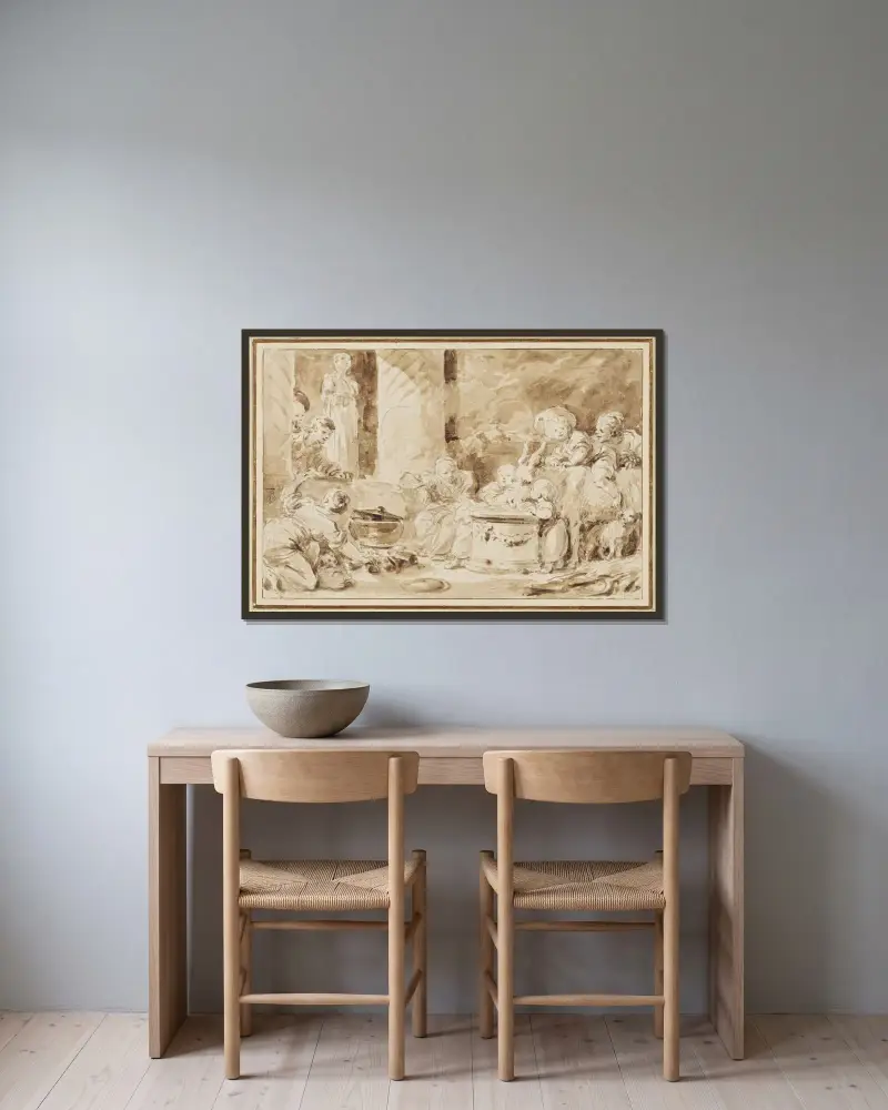 Framför en antik staty låter barn en åsna äta från ett altare av Jean-Honoré Fragonard inramad på en vägg