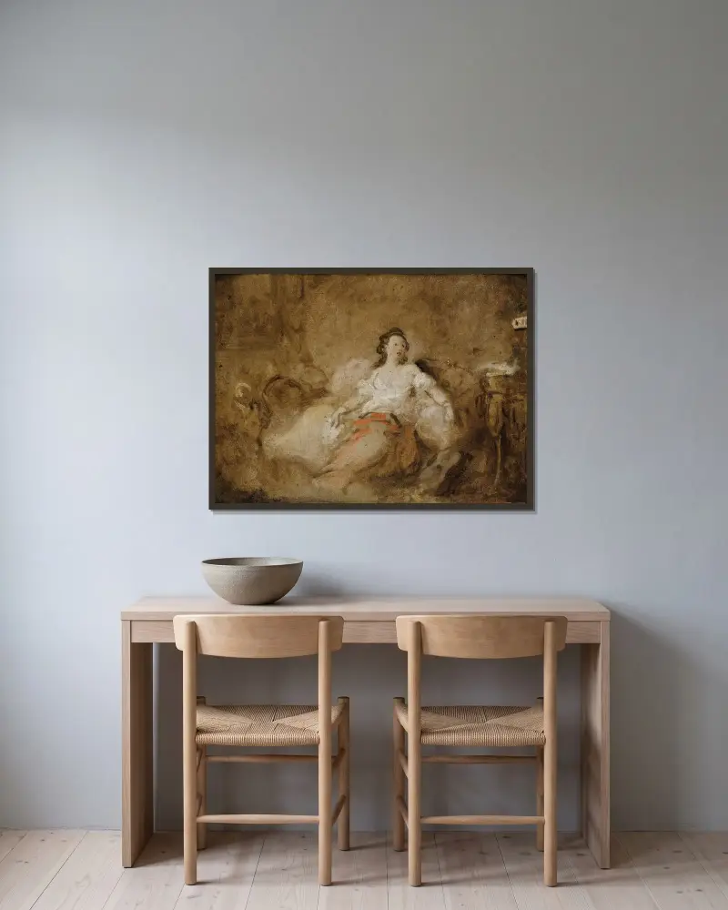 Ung dam i negligé i en interiör av Jean-Honoré Fragonard inramad på en vägg