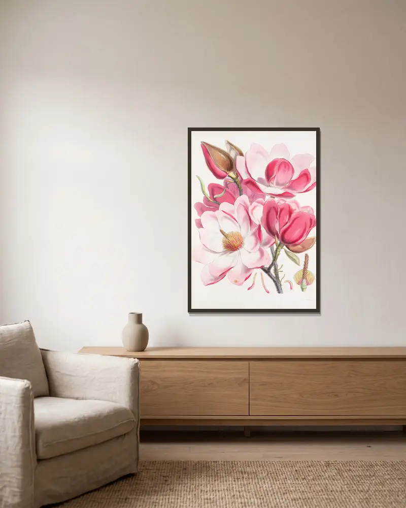 Magnolia Campbellii, H.f. et T. (Blommande växt), 1855 – nr 1 av Walter Hood Fitch inramad på en vägg