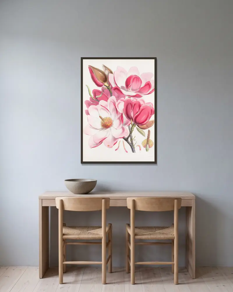 Magnolia Campbellii, H.f. et T. (Blommande växt), 1855 – nr 1 av Walter Hood Fitch inramad på en vägg