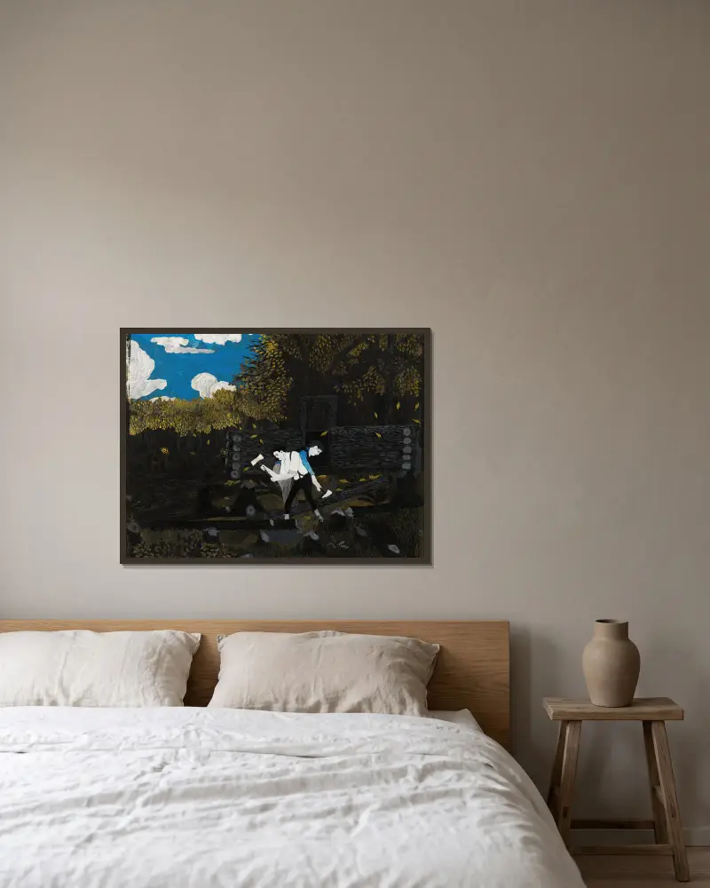 Abraham Lincoln och hans far bygger sin koja vid Pigeon Creek av Horace Pippin inramad på en vägg