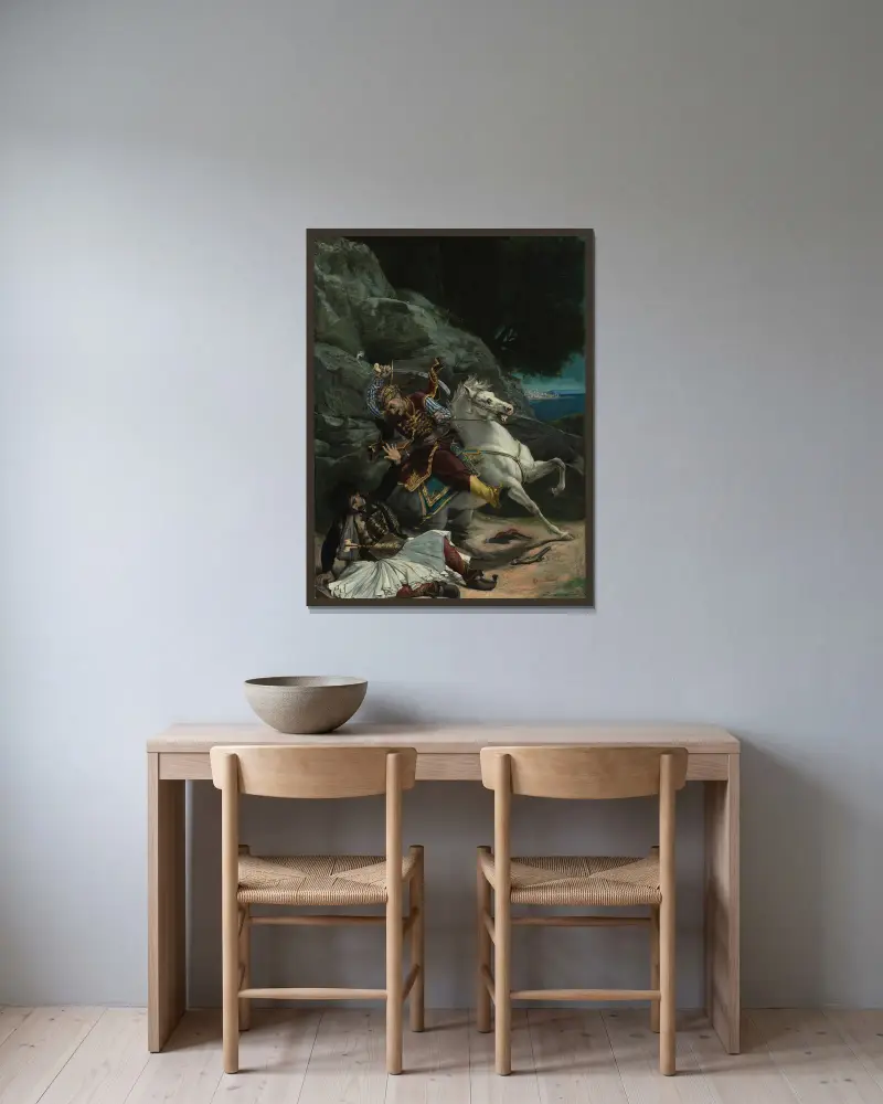 Strid mellan en grek och en turk av Horace Vernet inramad på en vägg