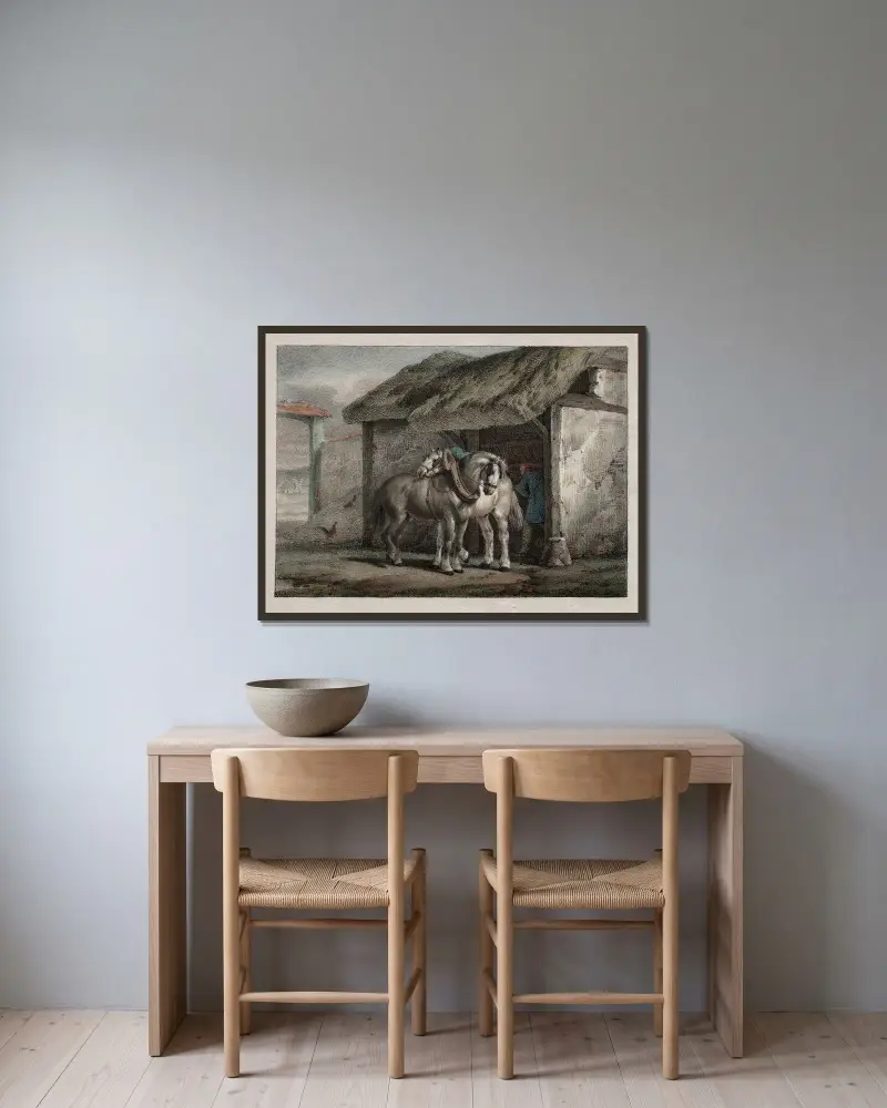 Farm Horse av Horace Vernet inramad på en vägg