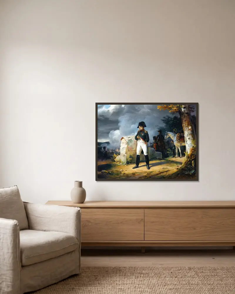 Napoleon i Charleroi, juni 1815 av Horace Vernet inramad på en vägg