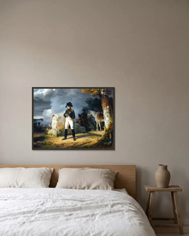 Napoleon i Charleroi, juni 1815 av Horace Vernet inramad på en vägg