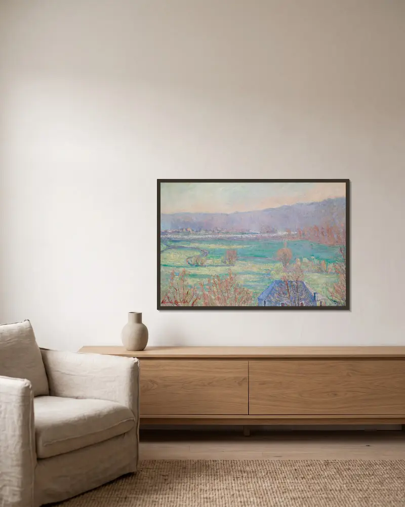 Det blå huset i trakten av Giverny av Blanche Hoschedé-Monet inramad på en vägg