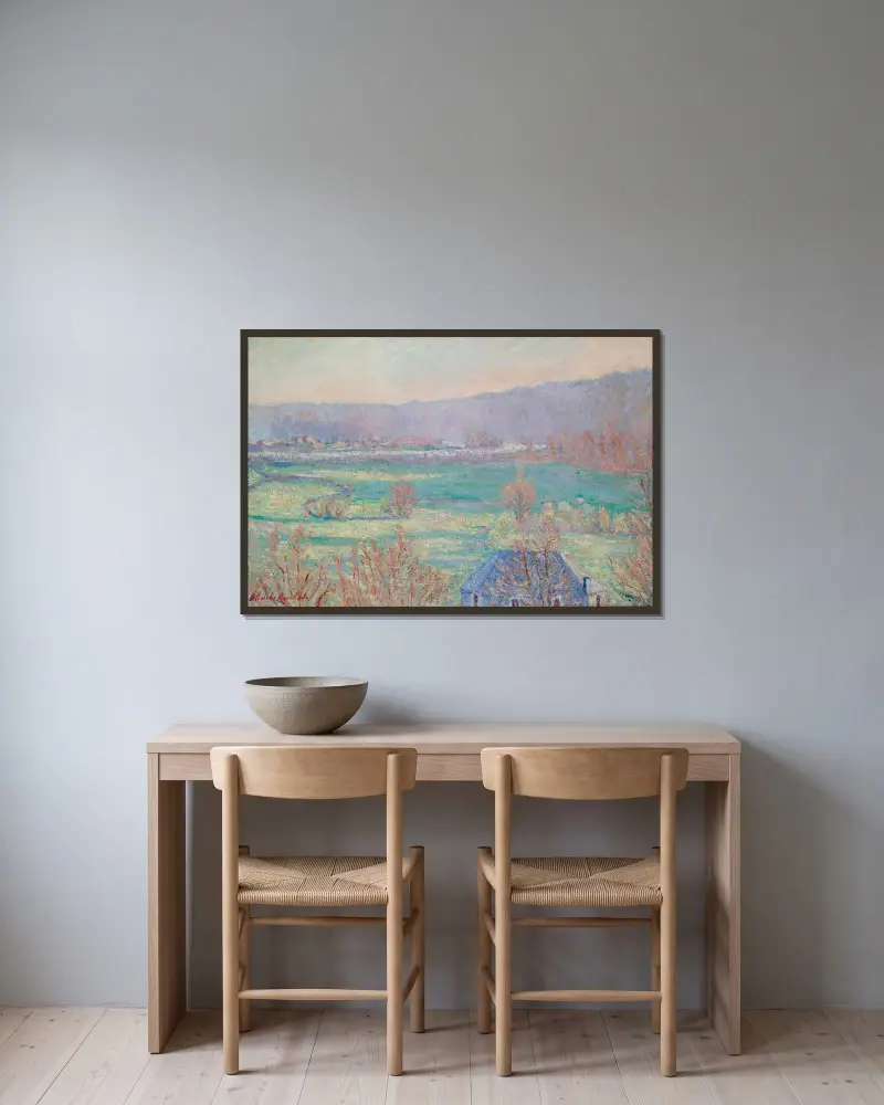 Det blå huset i trakten av Giverny av Blanche Hoschedé-Monet inramad på en vägg