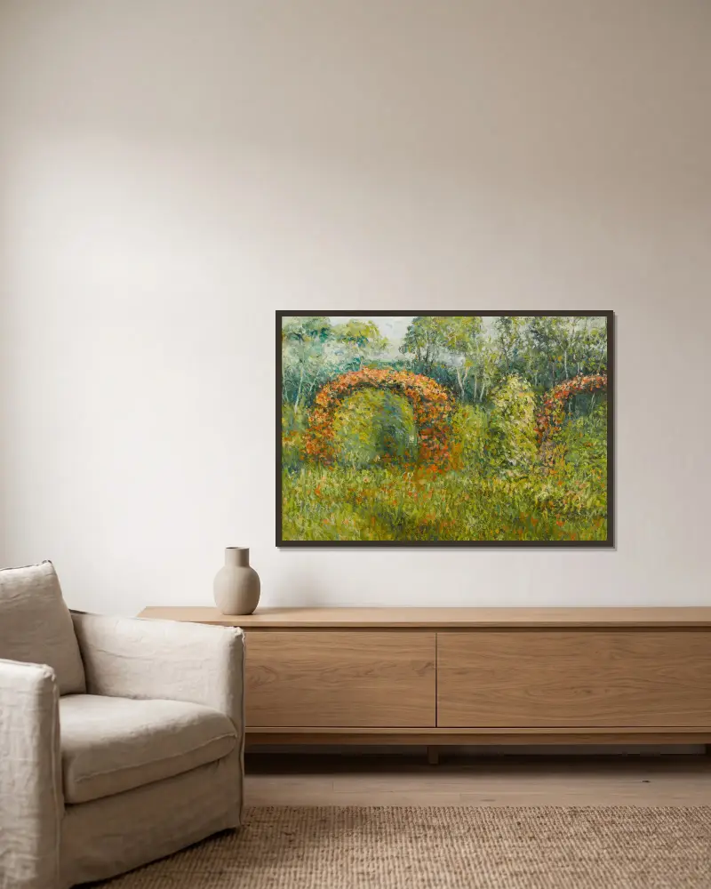 La roseraie à Giverny – nr 1 av Blanche Hoschedé-Monet inramad på en vägg