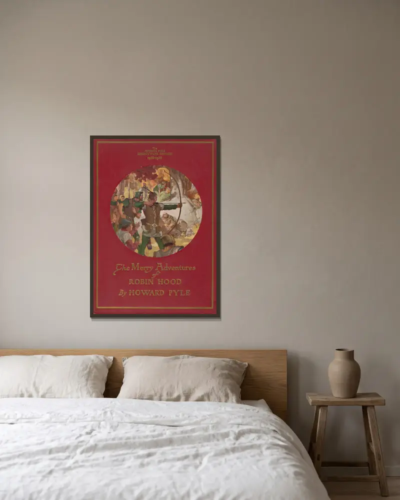 Die lustigen Abenteuer des Robin Hood – Cover von Howard Pyle gerahmt an einer Wand