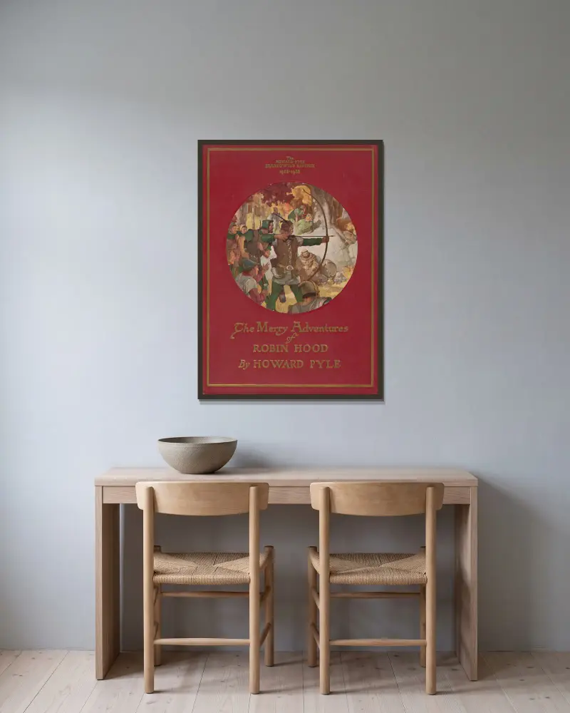 Die lustigen Abenteuer des Robin Hood – Cover von Howard Pyle gerahmt an einer Wand