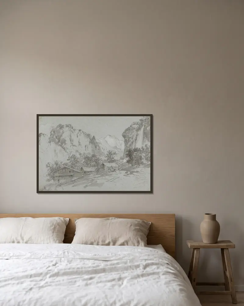 Från fönstret på värdshuset i Lauterbrunnen av George Howland Beaumont inramad på en vägg