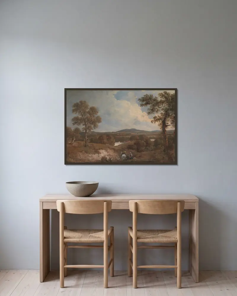 Landskap med figurer i förgrunden av George Howland Beaumont inramad på en vägg
