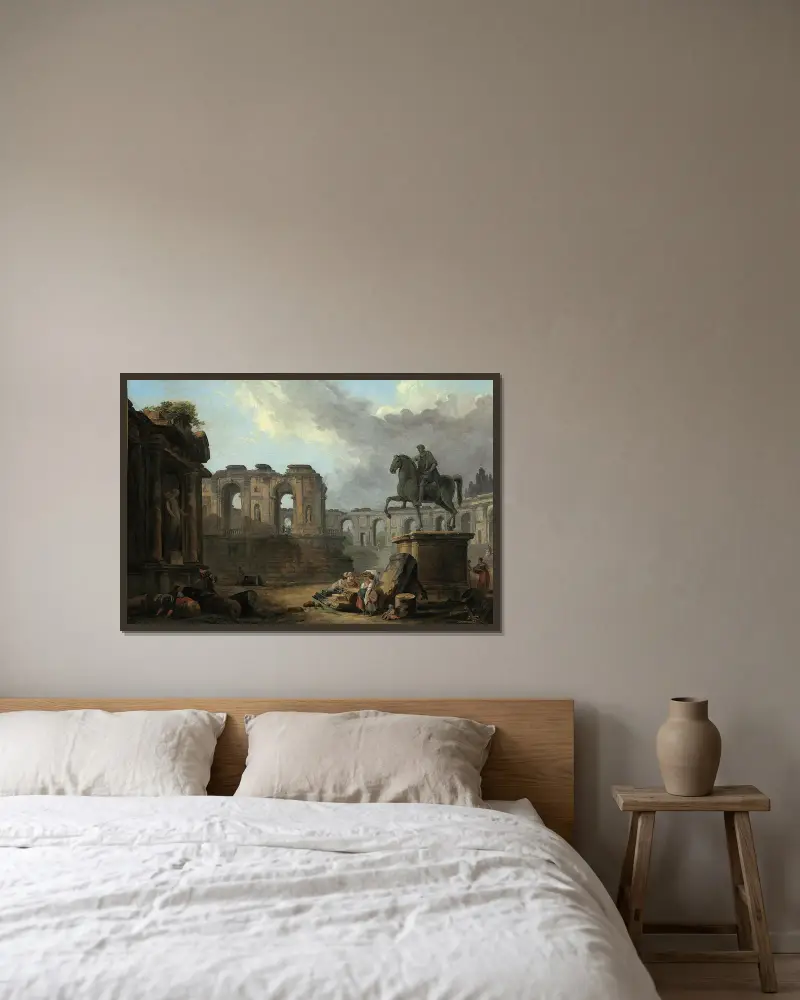 A Roman capriccio with washerwomen by the Statue of Marcus Aurelius av Hubert Robert inramad på en vägg