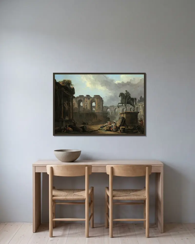A Roman capriccio with washerwomen by the Statue of Marcus Aurelius av Hubert Robert inramad på en vägg
