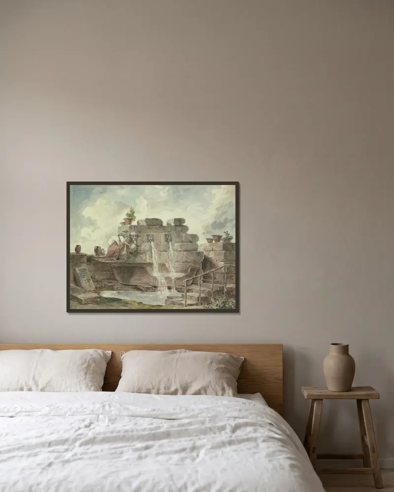Eine römische Fontäne mit einer Frau, die Wasser schöpft von Hubert Robert gerahmt an einer Wand