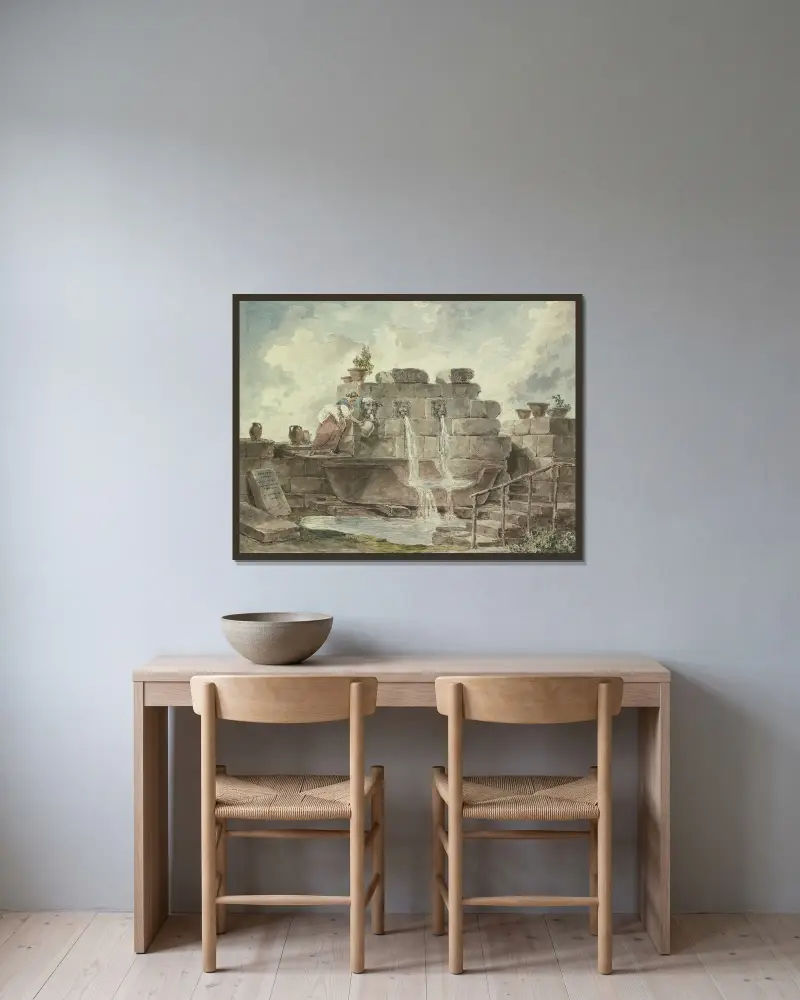 Eine römische Fontäne mit einer Frau, die Wasser schöpft von Hubert Robert gerahmt an einer Wand