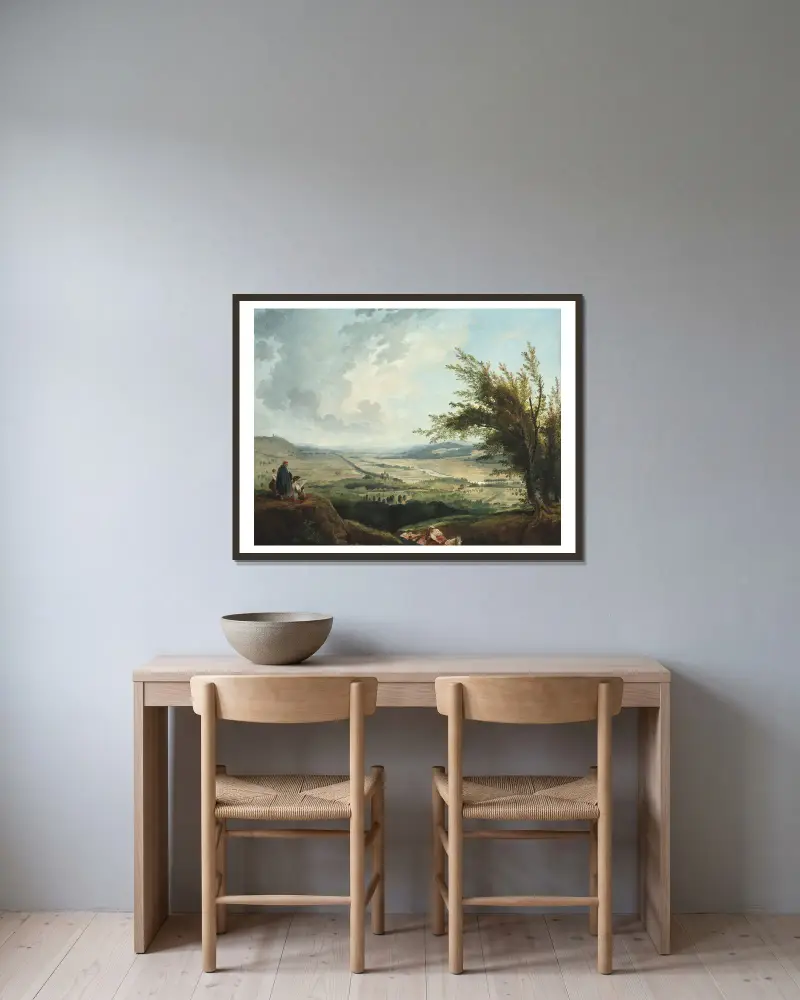 An extensive landscape near Paris av Hubert Robert inramad på en vägg