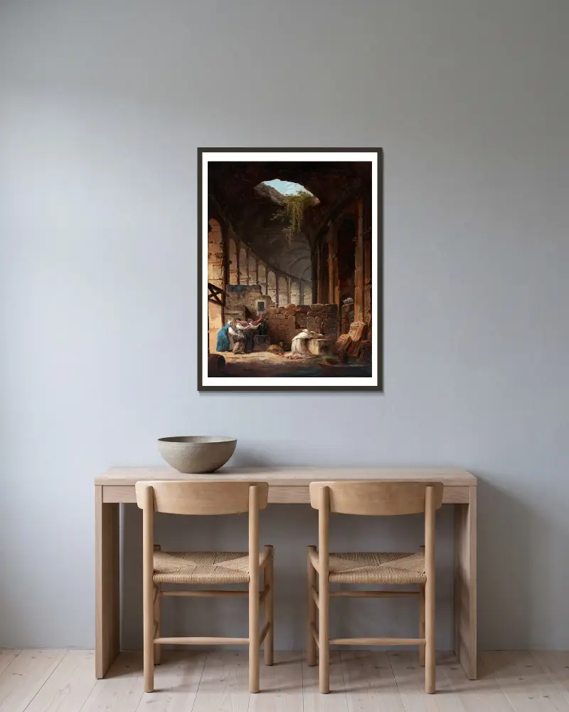 Hermit in the Colosseum av Hubert Robert inramad på en vägg