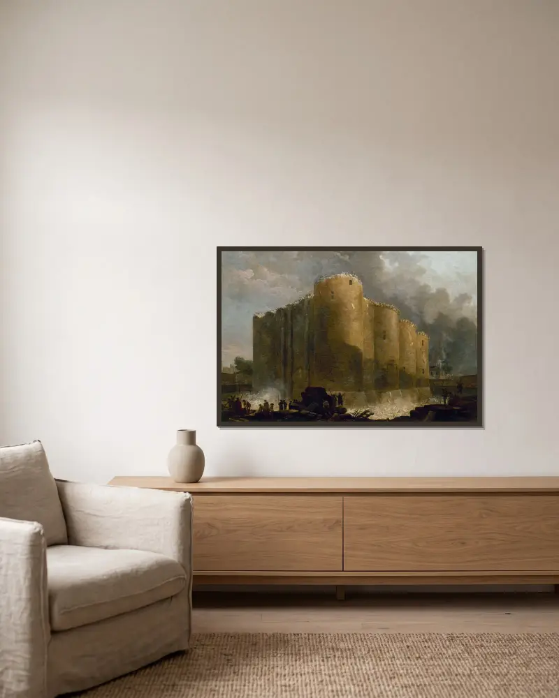La Bastille, dans les premiers jours de sa démolition av Hubert Robert inramad på en vägg