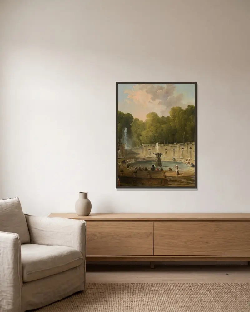 Lavandières dans un parc av Hubert Robert inramad på en vägg