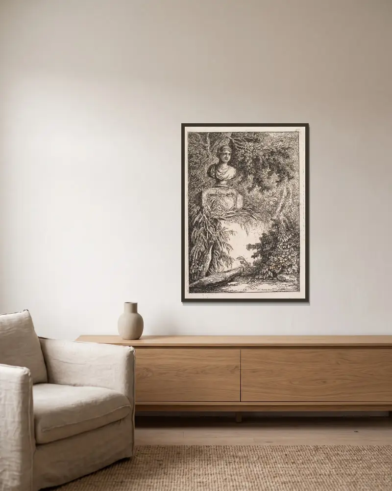 Le Buste av Hubert Robert inramad på en vägg
