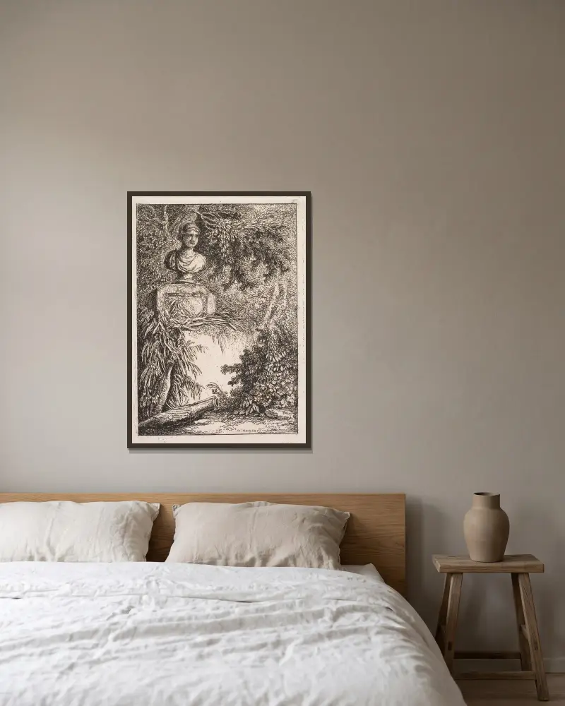 Le Buste av Hubert Robert inramad på en vägg