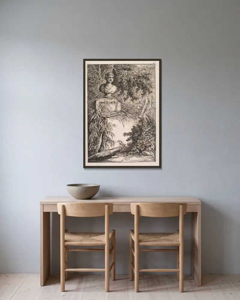 Le Buste av Hubert Robert inramad på en vägg
