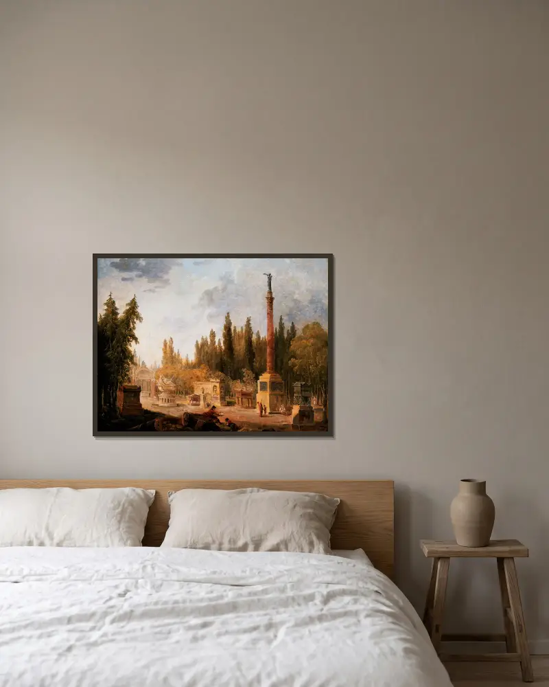 Trädgården vid Musée des monuments français, tidigare Petits-Augustins kloster av Hubert Robert inramad på en vägg