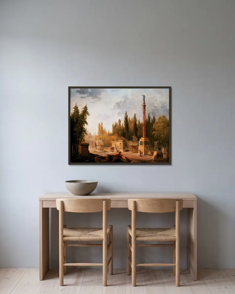 Trädgården vid Musée des monuments français, tidigare Petits-Augustins kloster av Hubert Robert inramad på en vägg
