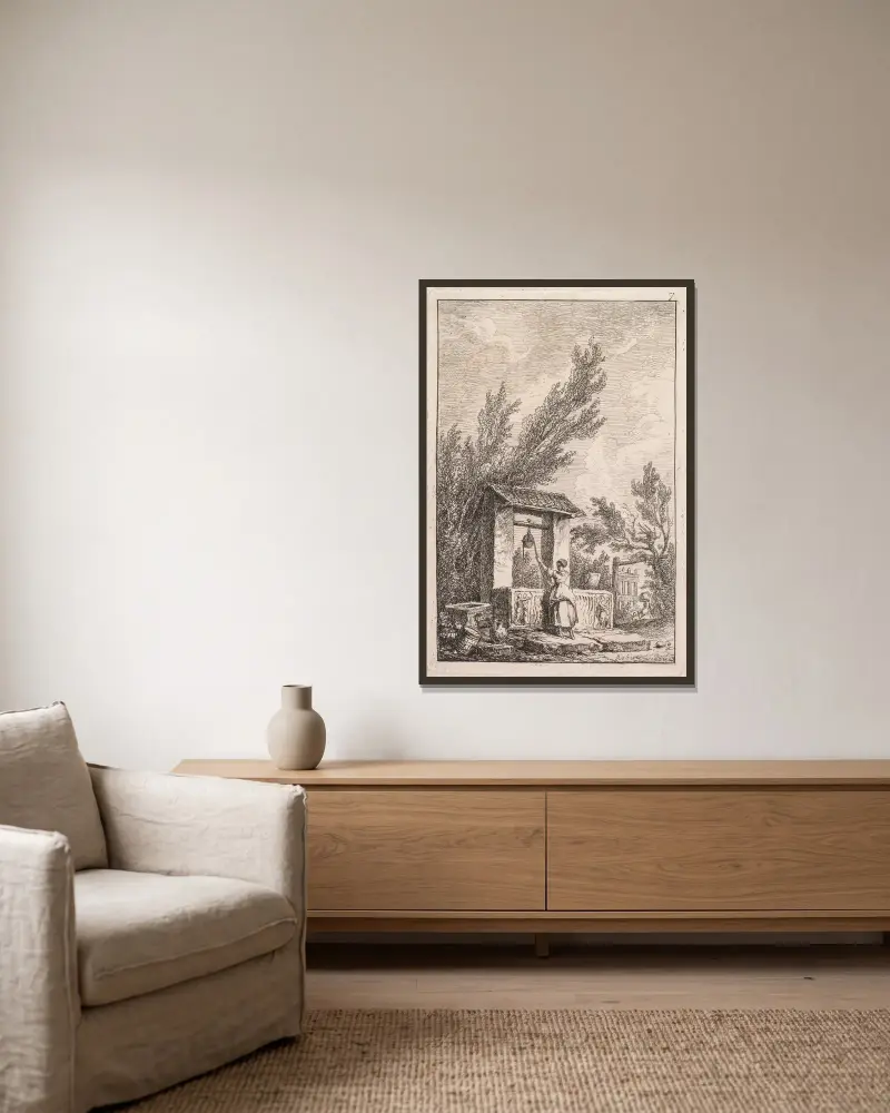 Le Puits av Hubert Robert inramad på en vägg
