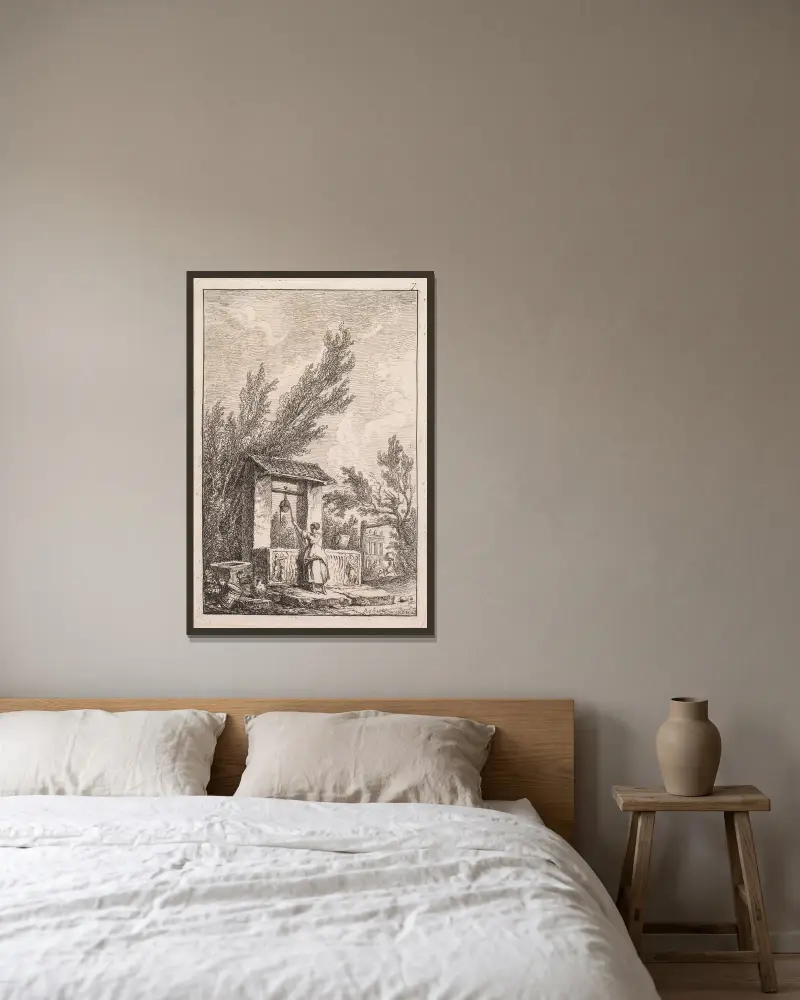 Le Puits av Hubert Robert inramad på en vägg