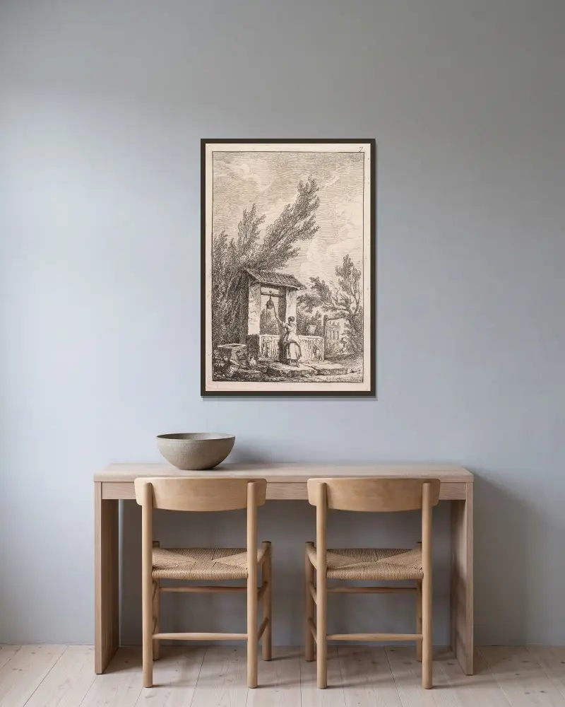 Le Puits av Hubert Robert inramad på en vägg