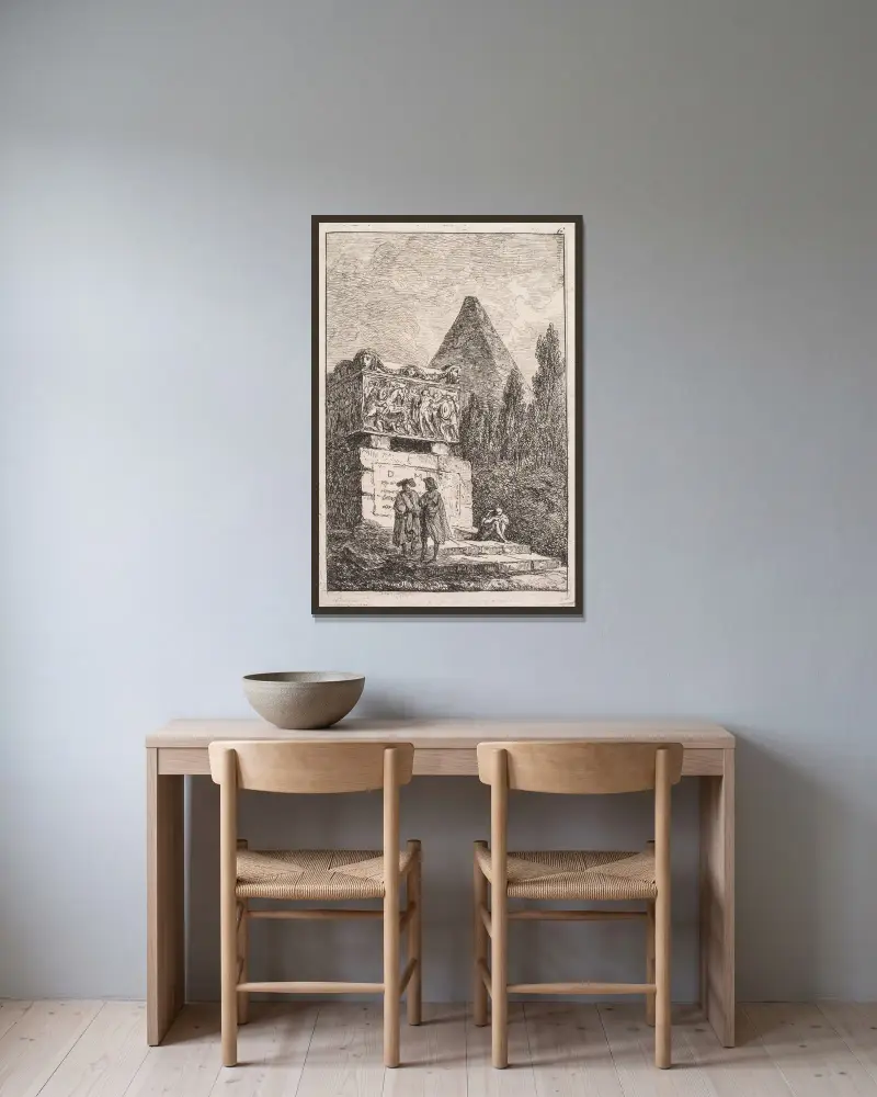 Le Sarcophage av Hubert Robert inramad på en vägg