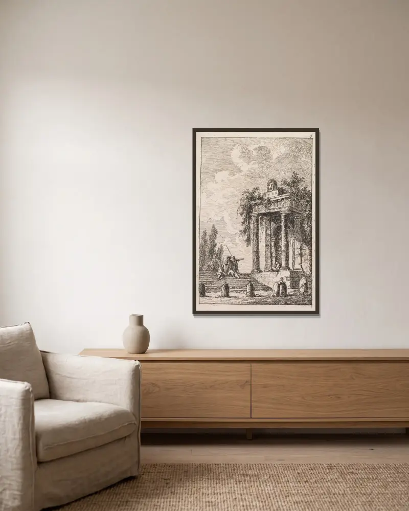 L’Escalier aux quatre bornes av Hubert Robert inramad på en vägg