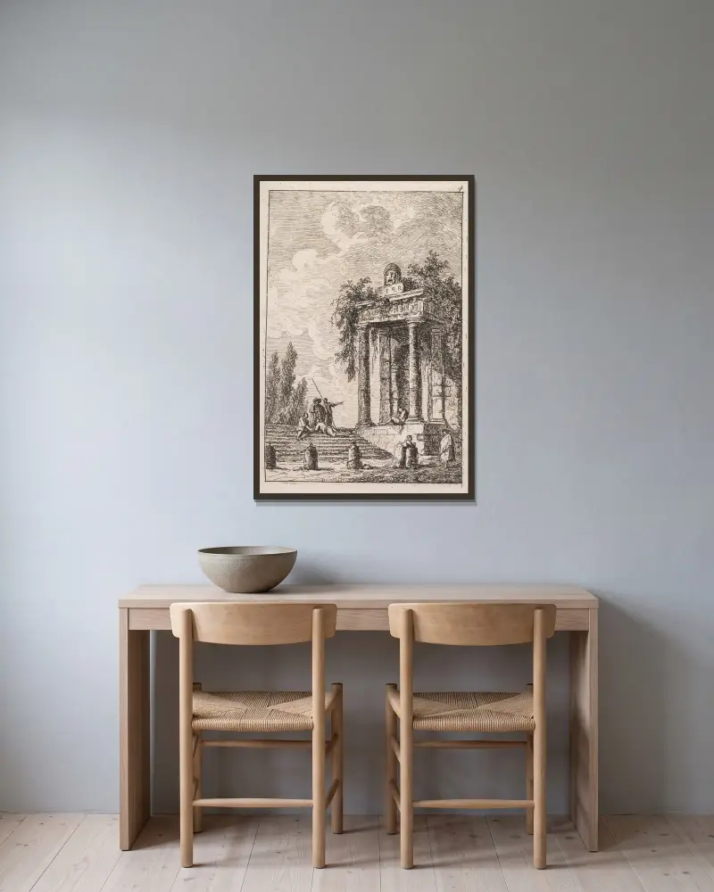 L’Escalier aux quatre bornes av Hubert Robert inramad på en vägg